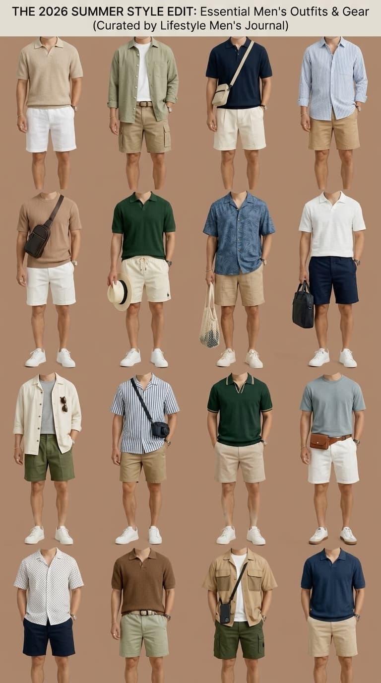 A grid of men's summer outfits featuring polo shirts, button-down shirts, shorts, and sneakers.