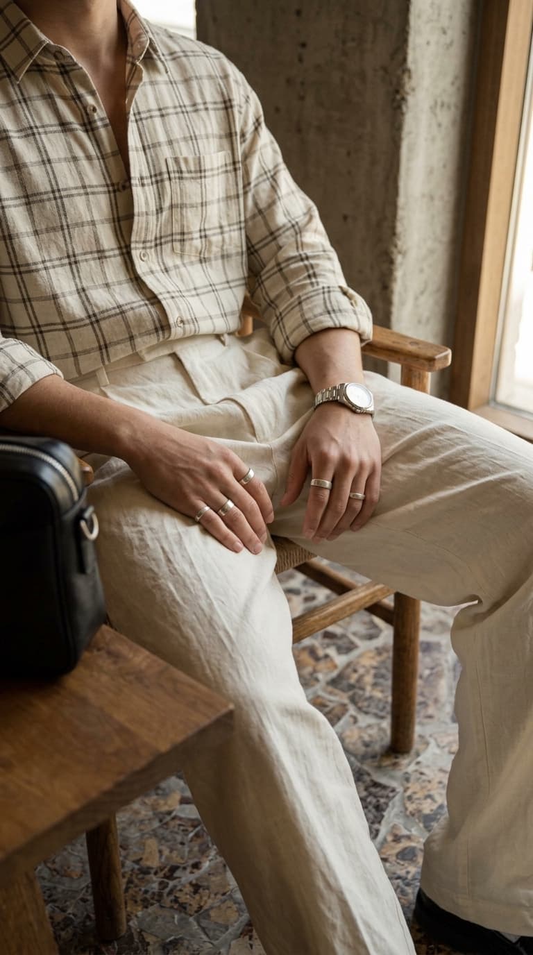 Man wearing a beige plaid long-sleeve shirt and light beige linen pants, sitting in a wooden chair.