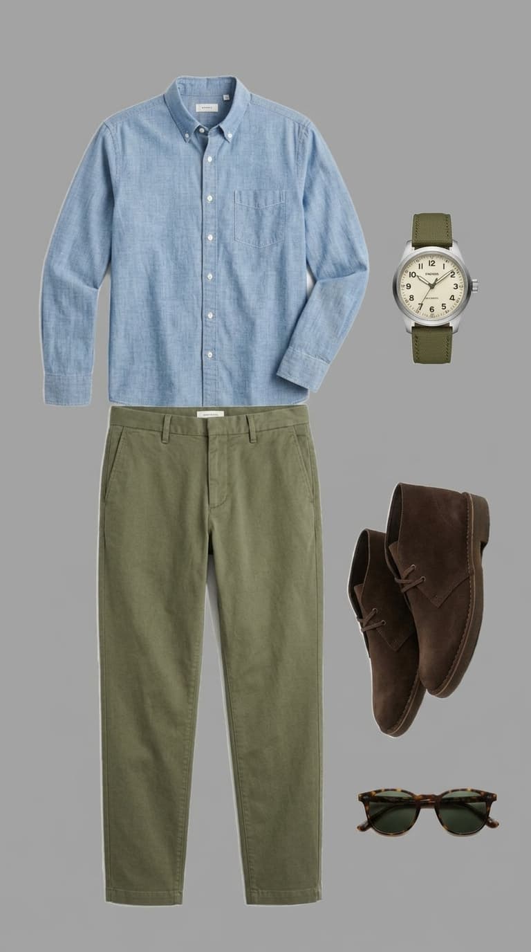 A flat lay of a men's outfit featuring a light blue long-sleeve chambray button-down shirt, olive green chinos, brown suede chukka boots, a green-strapped watch, and tortoiseshell sunglasses.