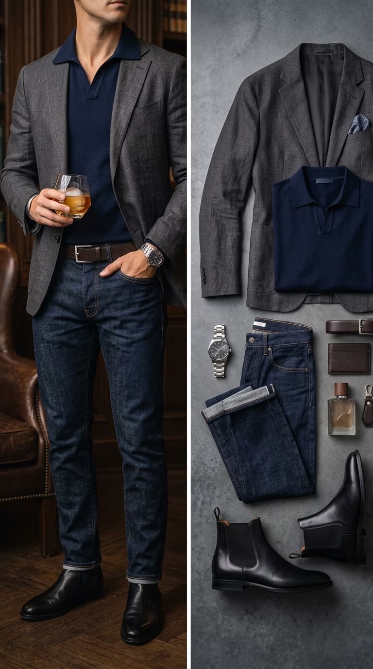 Man wearing a grey blazer over a navy polo shirt, dark wash jeans, and black Chelsea boots, holding a glass of whiskey.
