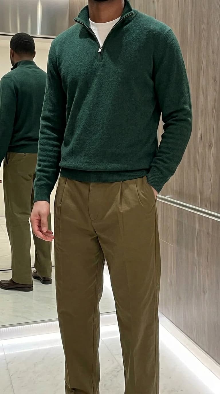 Man wearing a dark green textured half-zip sweater over a white t-shirt and olive green pleated trousers.