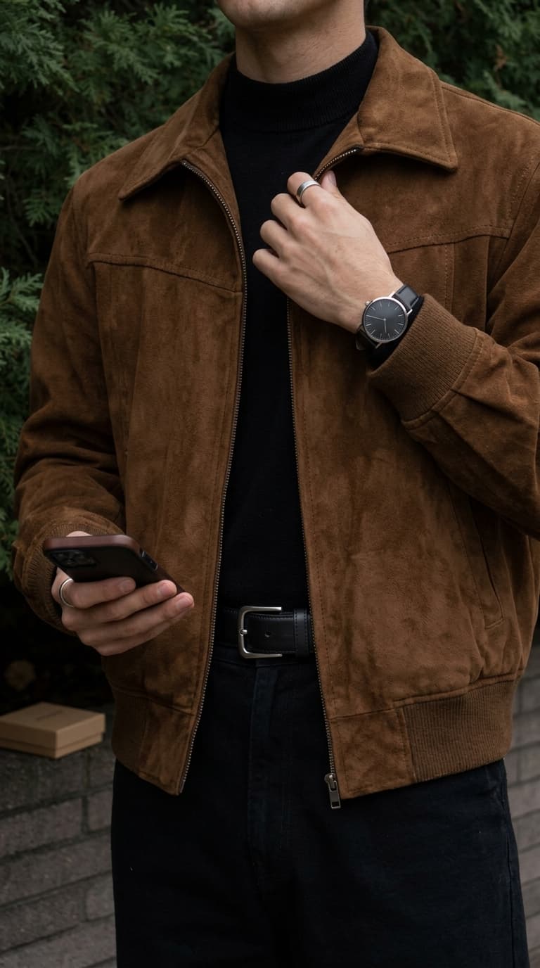 Man wearing a brown suede bomber jacket over a black turtleneck, black jeans, and a black belt, holding a phone.