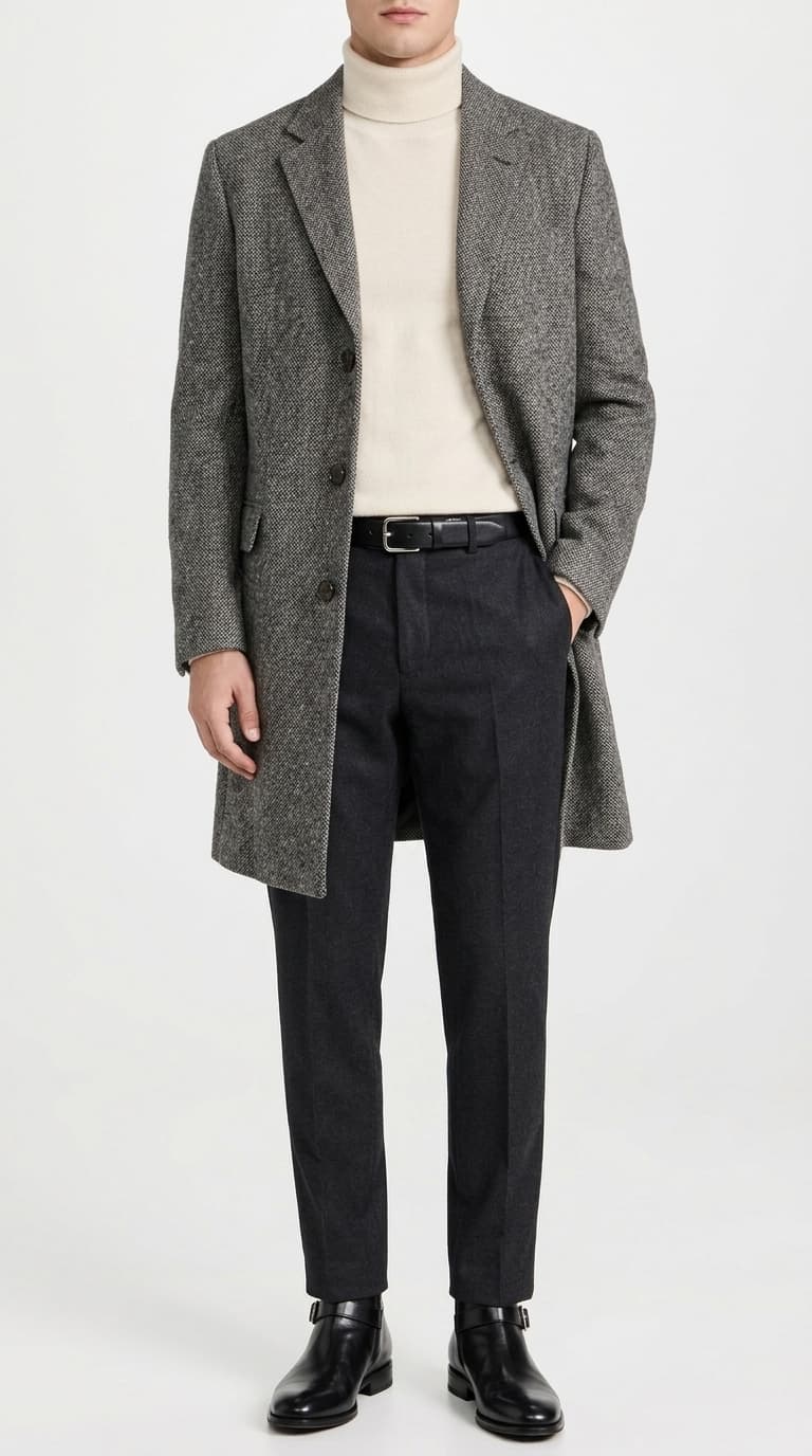 A man wearing a grey tweed overcoat over a cream turtleneck, dark grey trousers, a black belt, and black ankle boots.