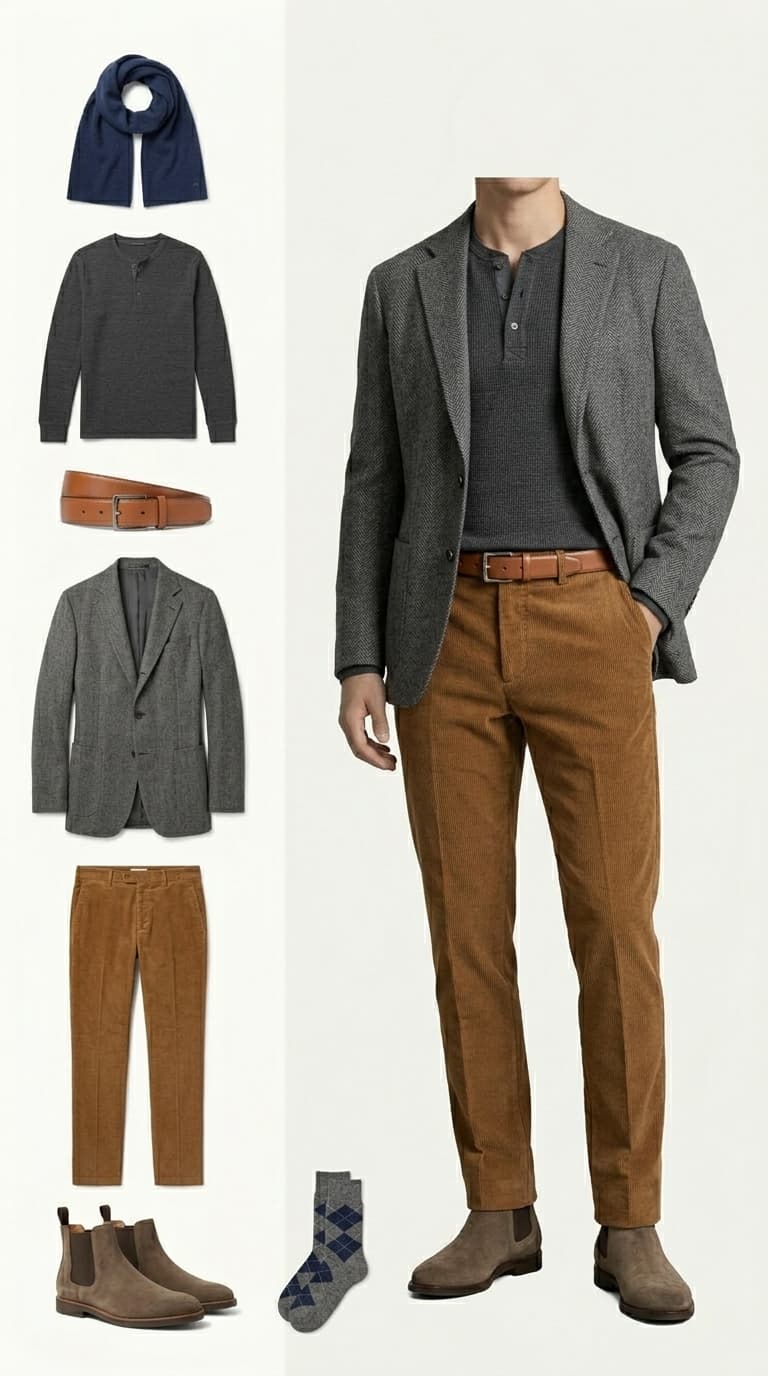 A man wearing a grey tweed blazer, charcoal henley shirt, brown corduroy pants, and brown Chelsea boots, with a navy scarf, brown belt, and argyle socks laid out separately.