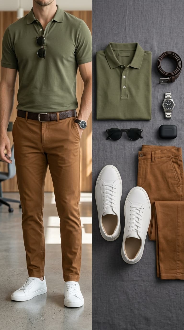 A man wearing an olive green short-sleeve polo shirt, brown chinos, and white sneakers, accessorized with a brown belt and sunglasses. The flat lay shows the same outfit components.