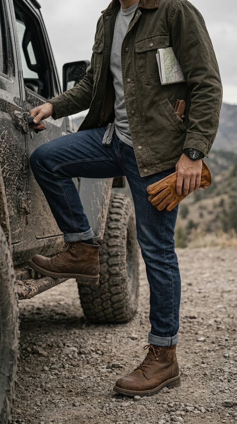 Man wearing a green utility jacket, grey t-shirt, blue jeans, and brown boots, stepping out of a muddy vehicle.