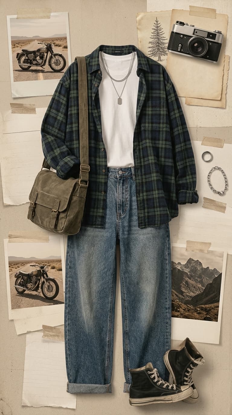 A flat lay of a men's outfit featuring a green and navy plaid flannel shirt layered over a white t-shirt, light wash wide-leg jeans, and black high-top sneakers.