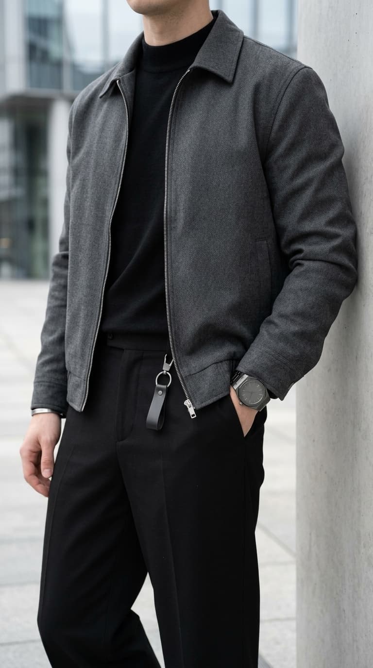 Man wearing a charcoal bomber jacket over a black turtleneck with black trousers and a watch.