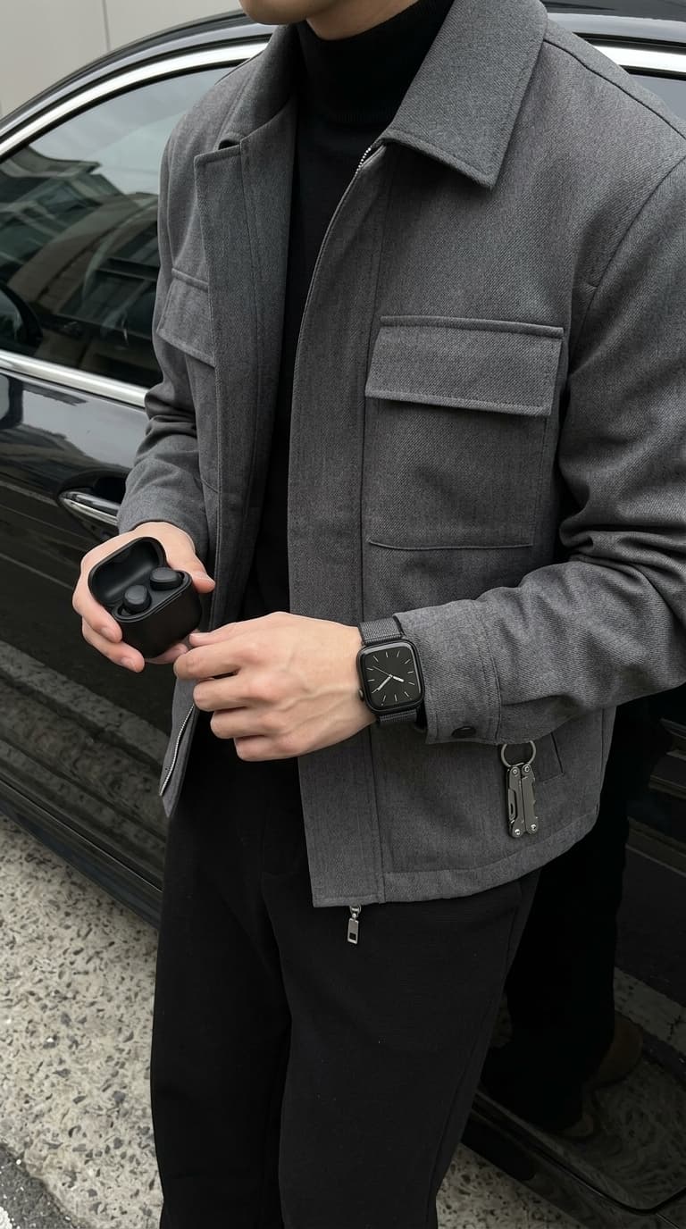 Man wearing a grey utility jacket over a black turtleneck, black pants, and a smartwatch.