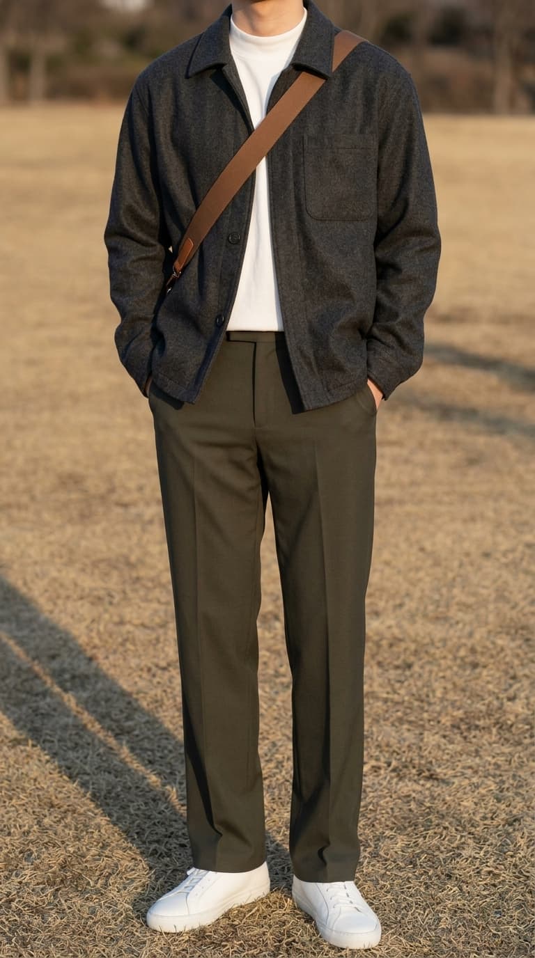 Man wearing a dark grey shirt jacket over a white t-shirt, olive green trousers, and white sneakers, with a brown crossbody bag.