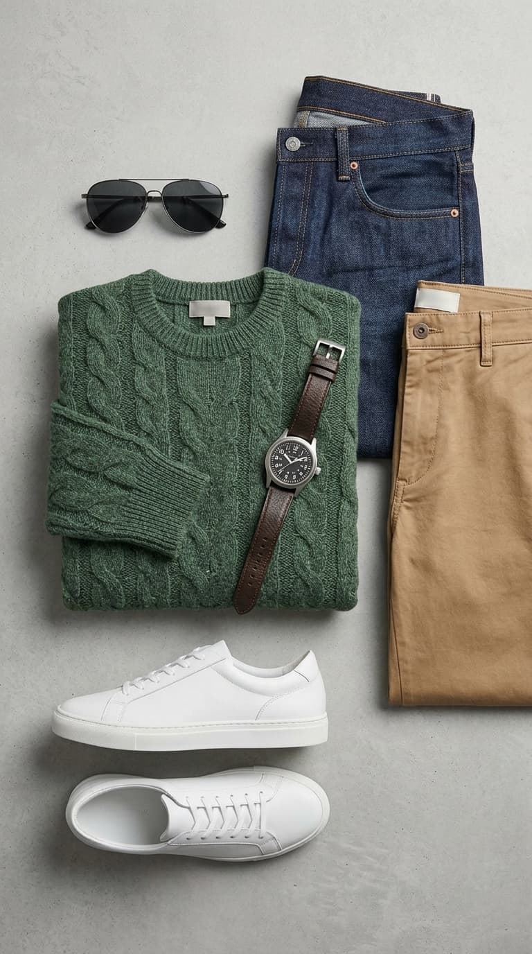 A flat lay of men's fall outfit essentials including a green cable knit sweater, dark wash jeans, tan chinos, a brown leather strap watch, black sunglasses, and white sneakers.