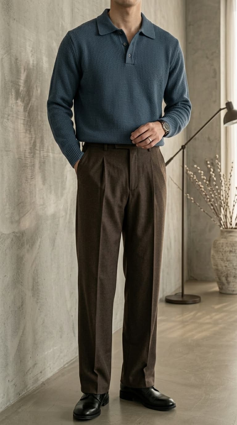 Man wearing a blue knit long-sleeve polo shirt with brown pleated trousers and black dress shoes.