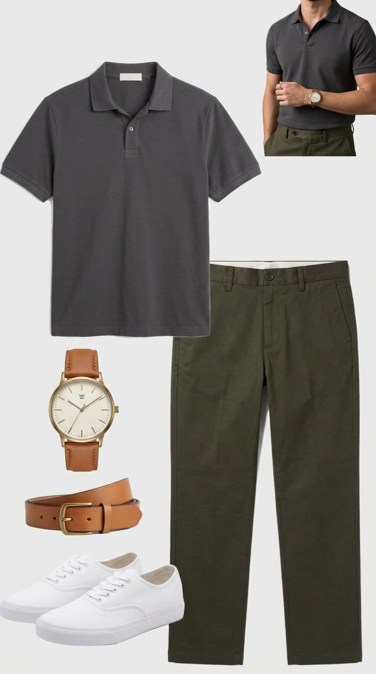 A flat lay of a charcoal short-sleeve polo shirt, olive green chinos, a brown leather belt, a minimalist watch with a brown leather strap, and white canvas sneakers.