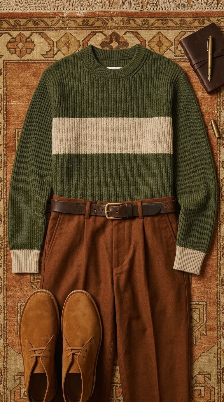 A flat lay of a men's outfit featuring a green and beige striped knit sweater, brown corduroy pants, a brown leather belt, and tan suede chukka boots.