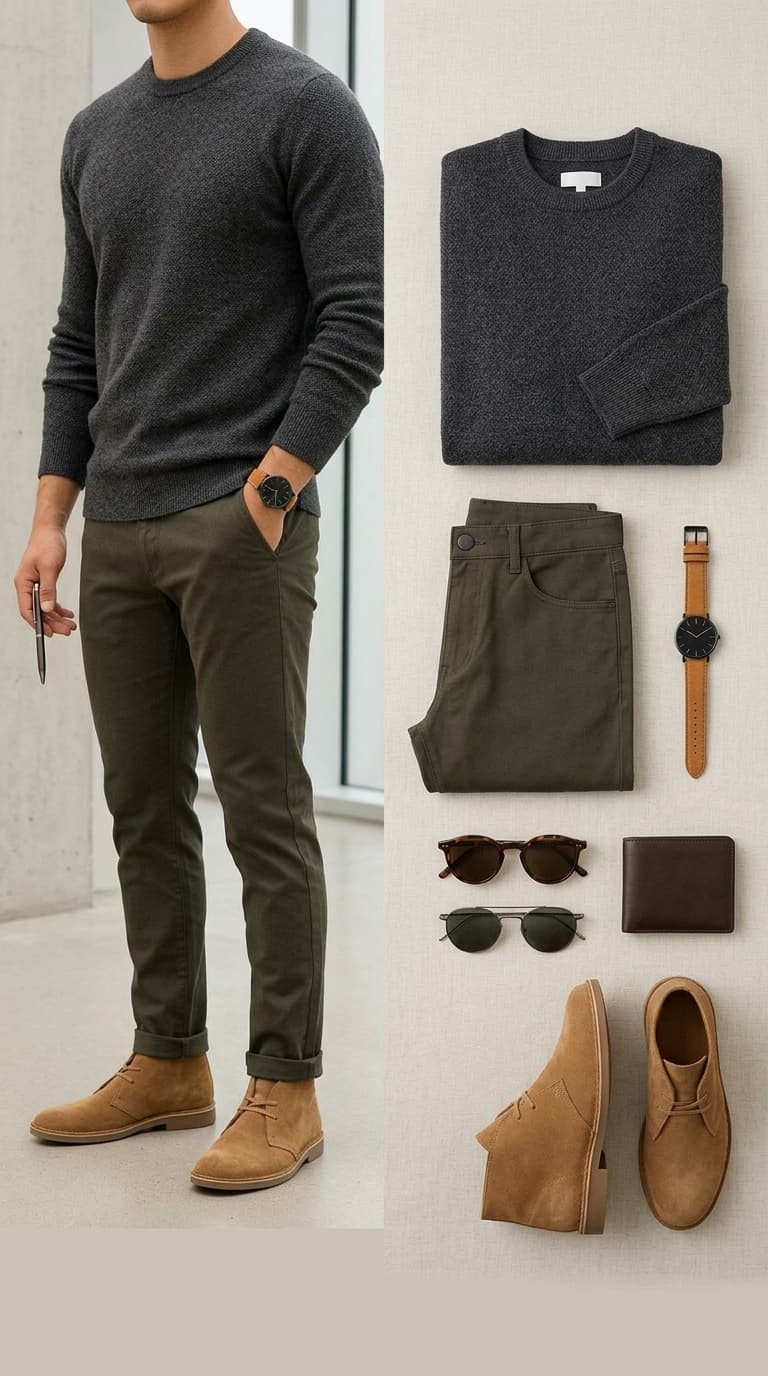 Man wearing a dark grey crewneck sweater and olive chinos, with accessories laid out.