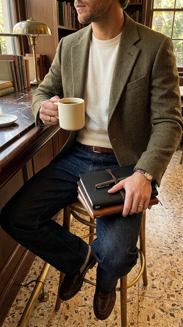 Man wearing a green tweed blazer over a cream sweater with dark wash jeans and brown loafers, holding a mug.