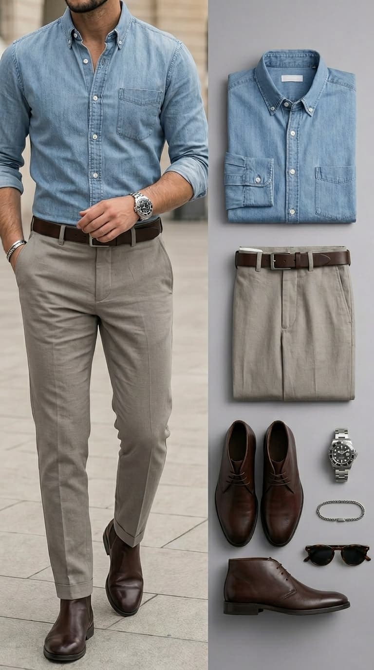 A man wearing a light blue denim shirt, grey chinos, and brown boots, with the outfit laid out flat.
