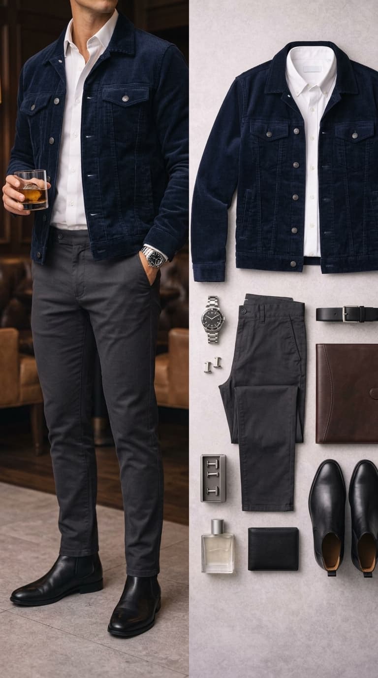 A man wearing a navy corduroy jacket over a white dress shirt with grey chinos and black Chelsea boots, with a flat lay of the outfit components.