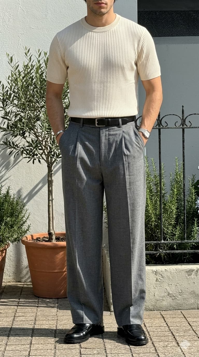 Man wearing a cream ribbed short-sleeve sweater, grey pleated trousers, a black belt, and black loafers.
