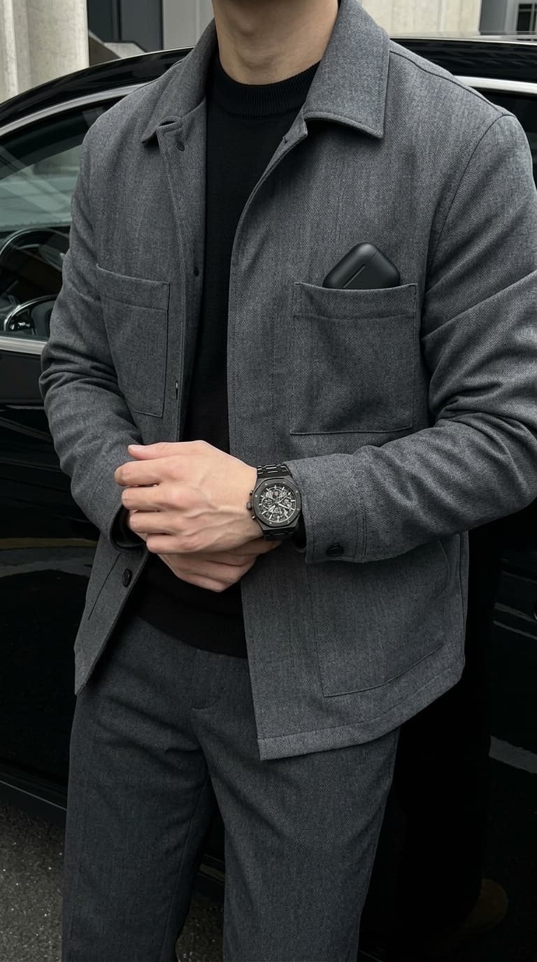 Man wearing a dark grey monochromatic outfit with a collared jacket over a black turtleneck and matching trousers.