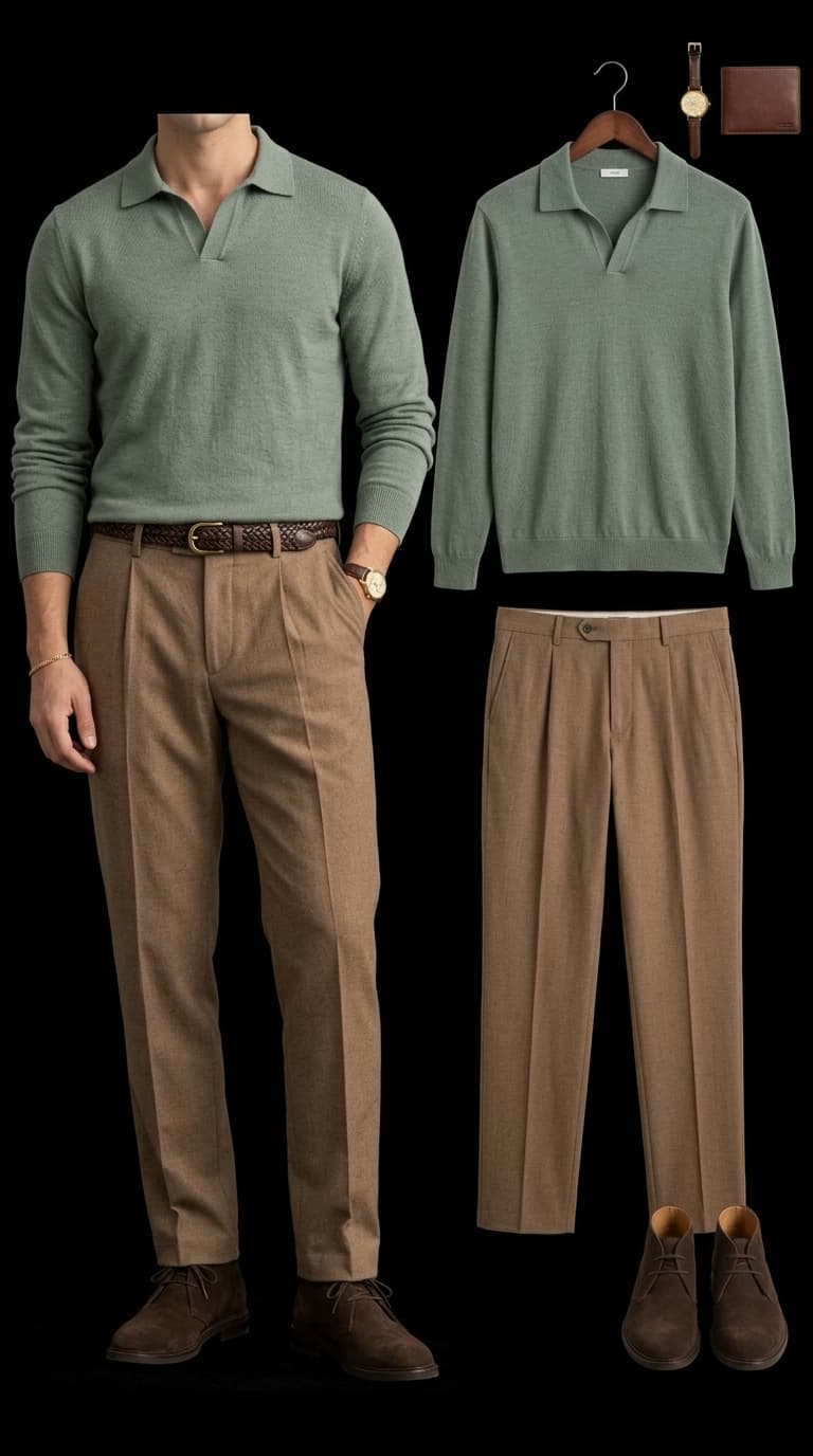 A man wearing a sage green knit polo shirt, brown pleated trousers, a woven belt, and brown suede chukka boots, with the individual garments laid out separately.
