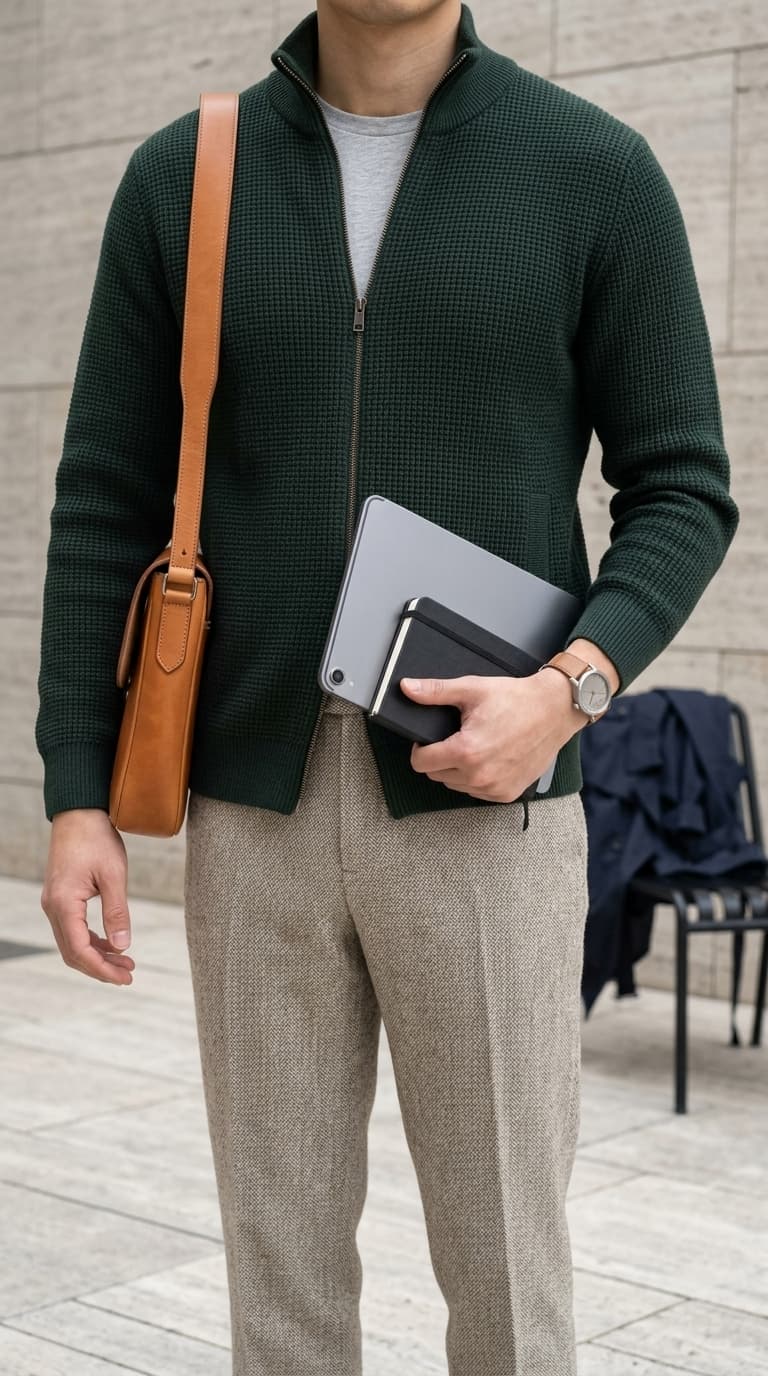 Man wearing a dark green waffle-knit zip-up cardigan over a grey t-shirt, with textured beige trousers, a tan leather messenger bag, and holding a tablet and notebook.