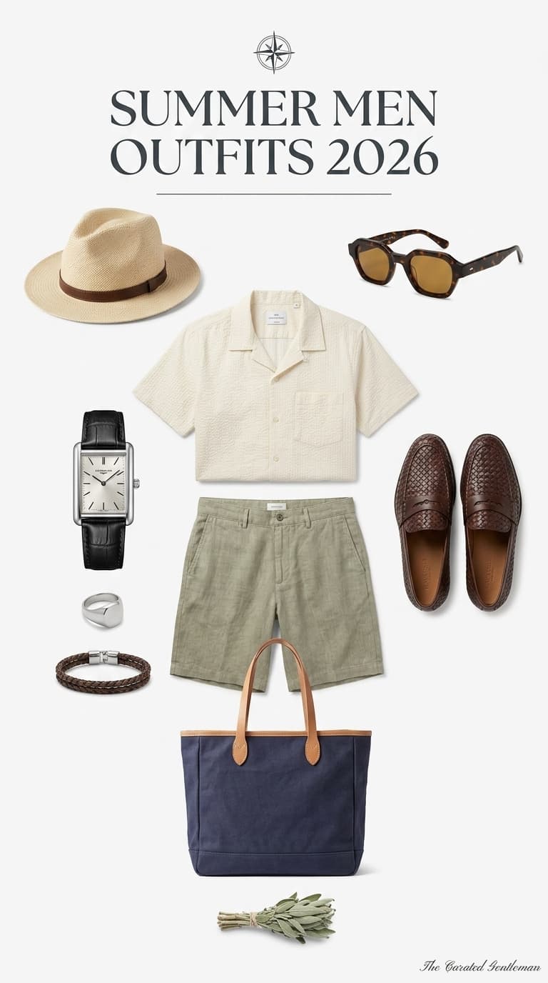 A flat lay of a men's summer outfit featuring a cream textured short-sleeve linen shirt, light green shorts, brown woven loafers, a straw fedora, a rectangular watch, a silver ring, a braided leather bracelet, and a navy canvas tote bag.