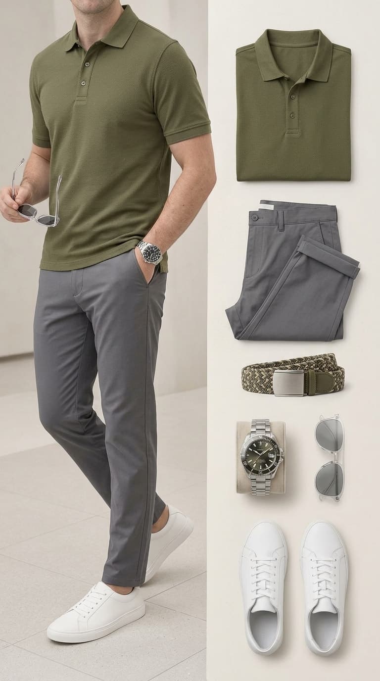 A man wearing a green short-sleeve polo shirt and grey chinos, paired with white sneakers, with flat lays of the outfit components including a folded polo, folded chinos, a patterned belt, a watch, and sunglasses.