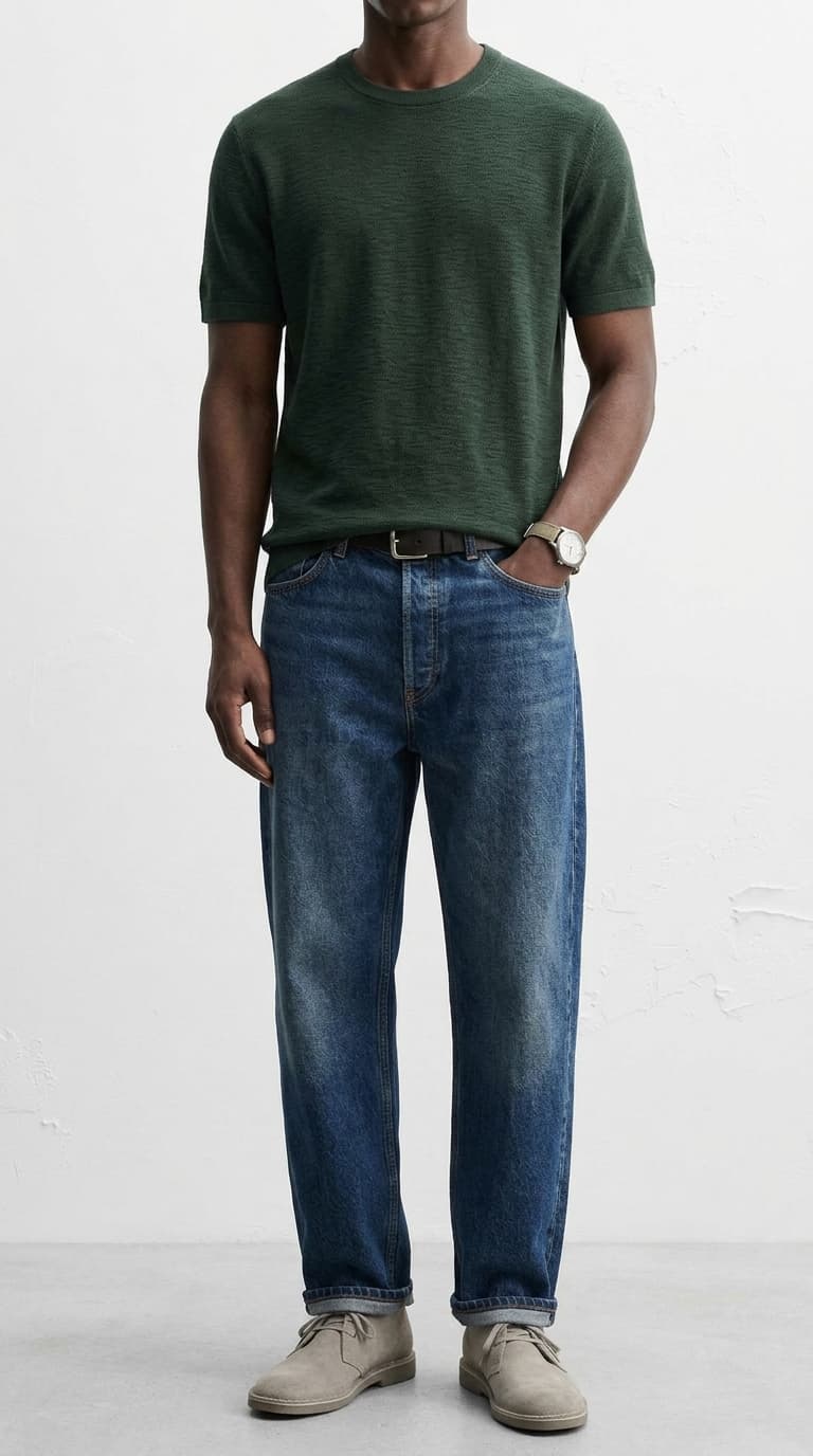 Man wearing a dark green short sleeve knit shirt, blue jeans, a dark belt, and light grey suede chukka boots.