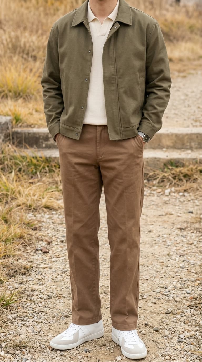 Man wearing a green utility jacket over a cream polo shirt, brown chinos, and white sneakers.