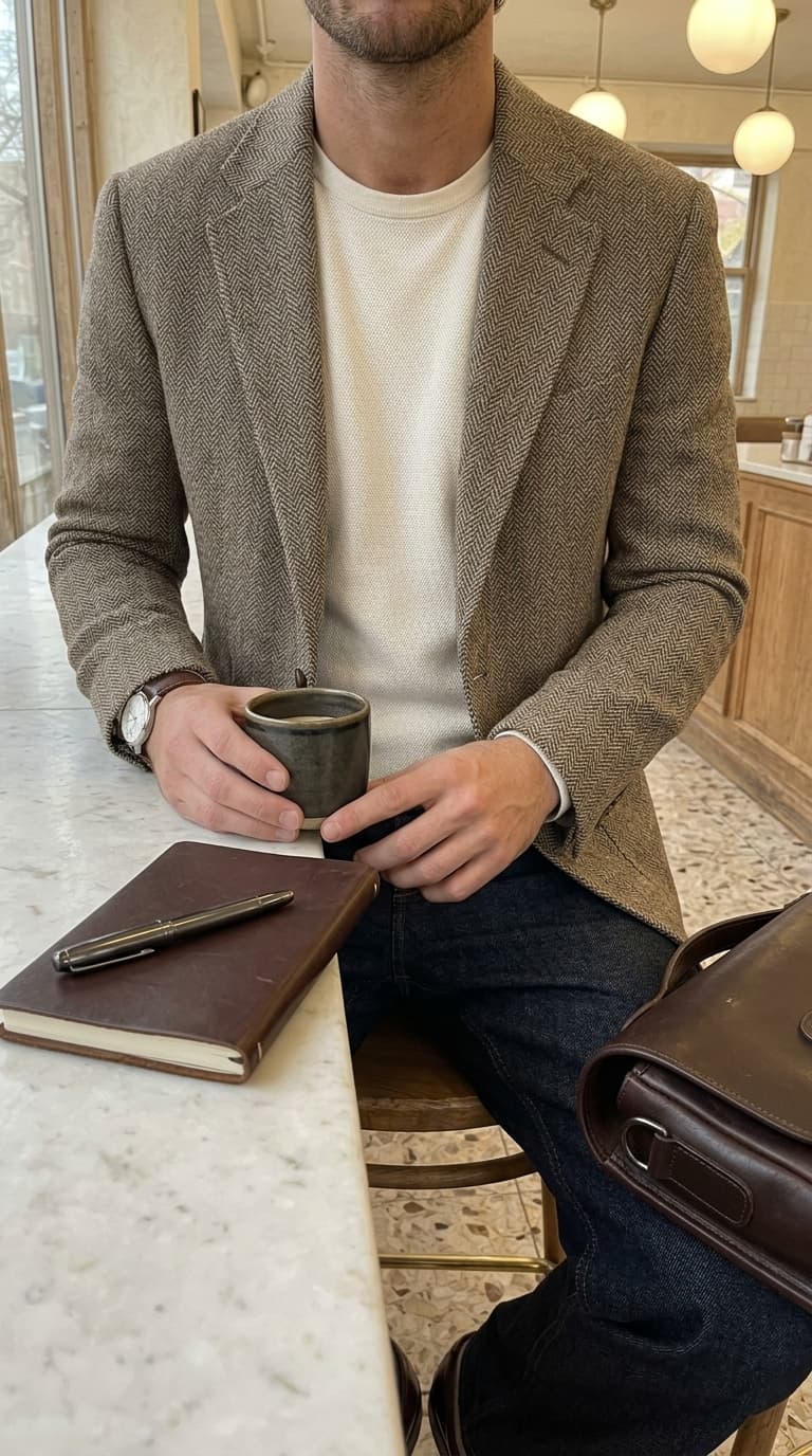 A man wearing a brown herringbone blazer over a cream textured sweater, dark wash jeans, and brown leather shoes, holding a mug.