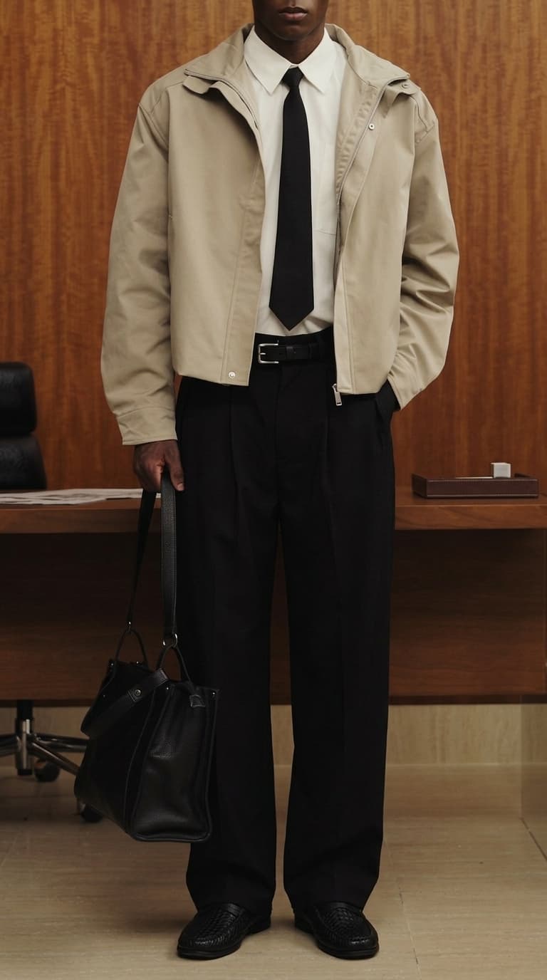 A man in a beige jacket, white shirt, black tie, and black trousers, holding a black bag.