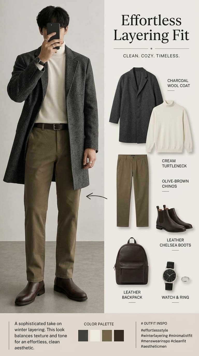 A man wearing a charcoal wool coat over a cream turtleneck, olive-brown chinos, and dark leather Chelsea boots, with a leather backpack and watch.
