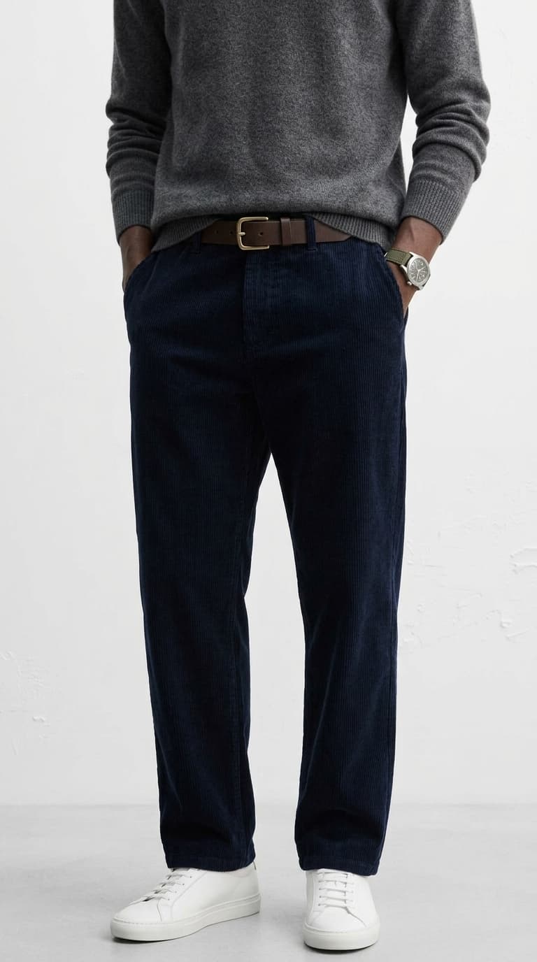Man wearing navy corduroy pants, a grey crewneck sweater, a brown belt, and white sneakers.