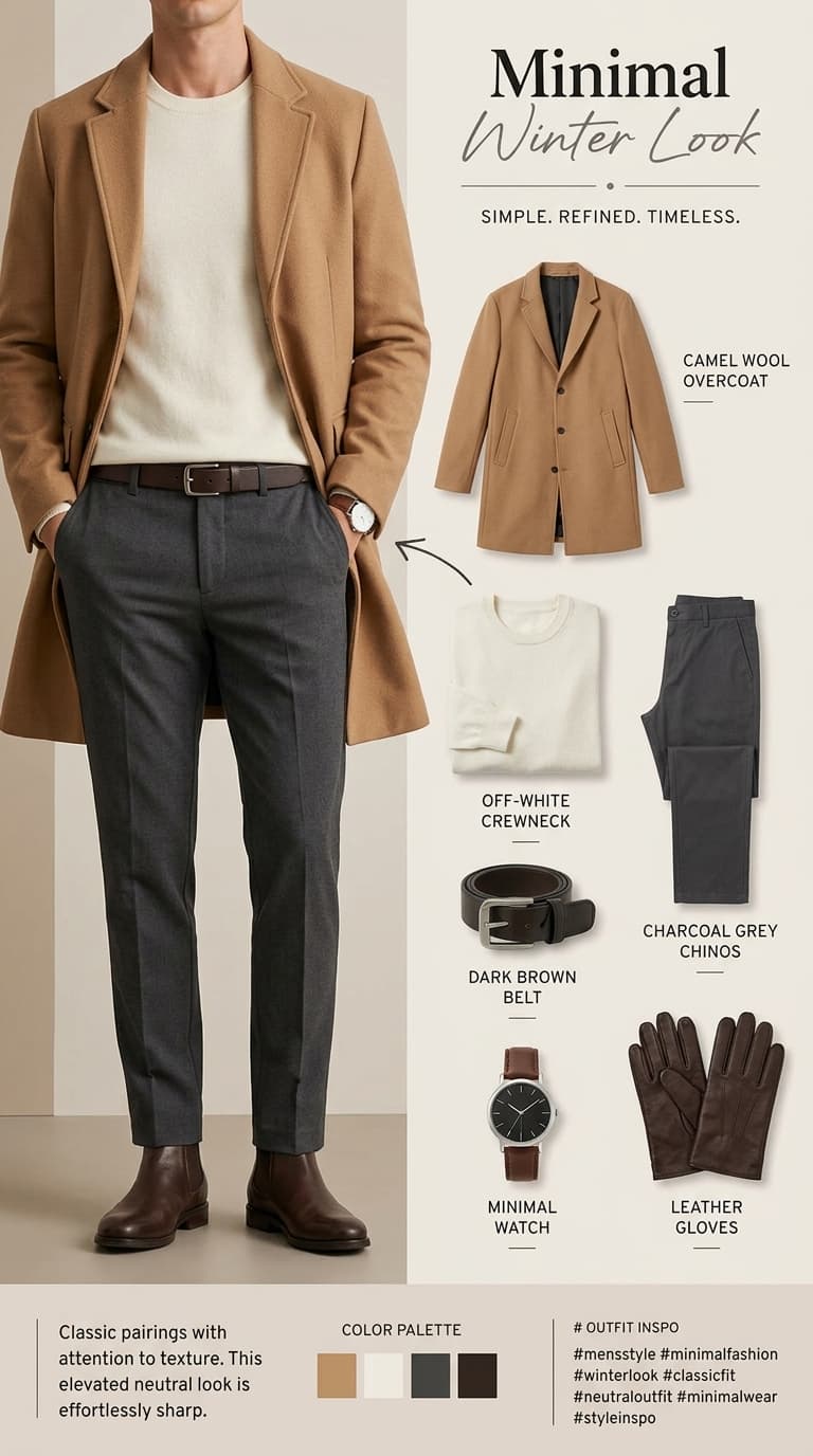 Man wearing a camel wool overcoat, off-white crewneck sweater, charcoal grey chinos, dark brown belt, and dark brown Chelsea boots, with accessories like a minimal watch and leather gloves.