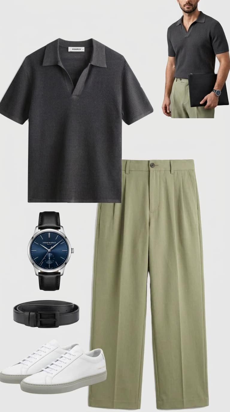 A flat lay of a men's charcoal knit polo shirt, olive green wide-leg trousers, a black leather belt, a blue-faced watch with a black leather strap, and white low-top sneakers.