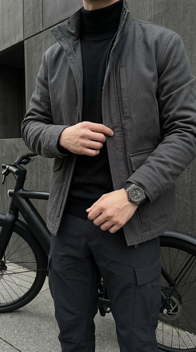 Man wearing a dark grey jacket over a black turtleneck and black cargo pants, standing next to a black bicycle.