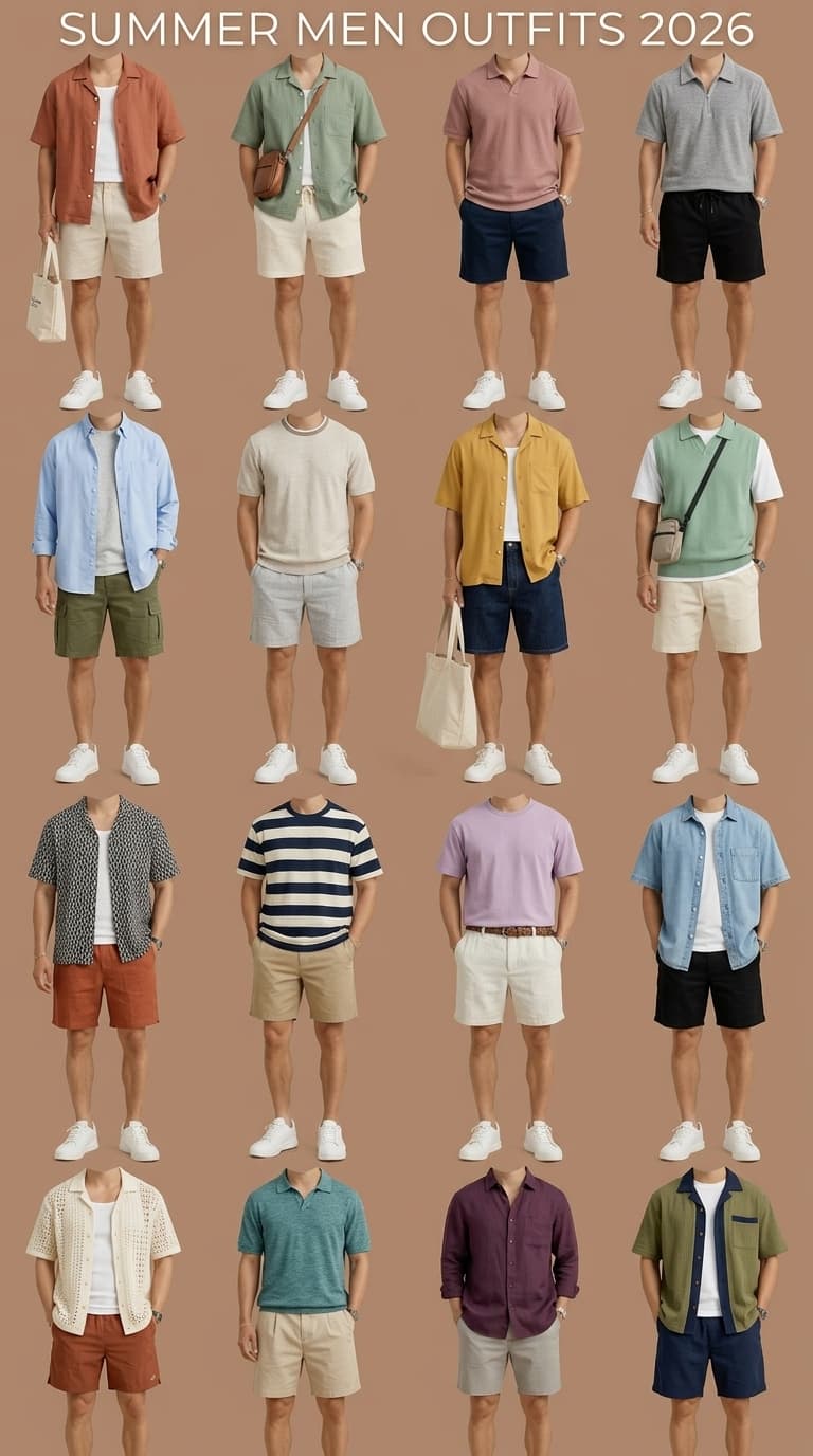 A collage of men's summer outfits featuring various shirts, shorts, and shoes in light colors and breathable fabrics.