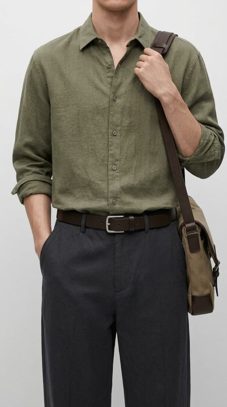Man wearing a green long-sleeve linen shirt, dark grey trousers, a brown leather belt, and carrying a brown messenger bag.