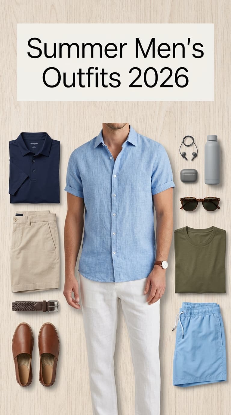 A flat lay of men's summer clothing and accessories including a blue linen shirt, white pants, khaki shorts, a navy polo, olive t-shirt, brown loafers, a woven belt, sunglasses, water bottle, and earbuds.