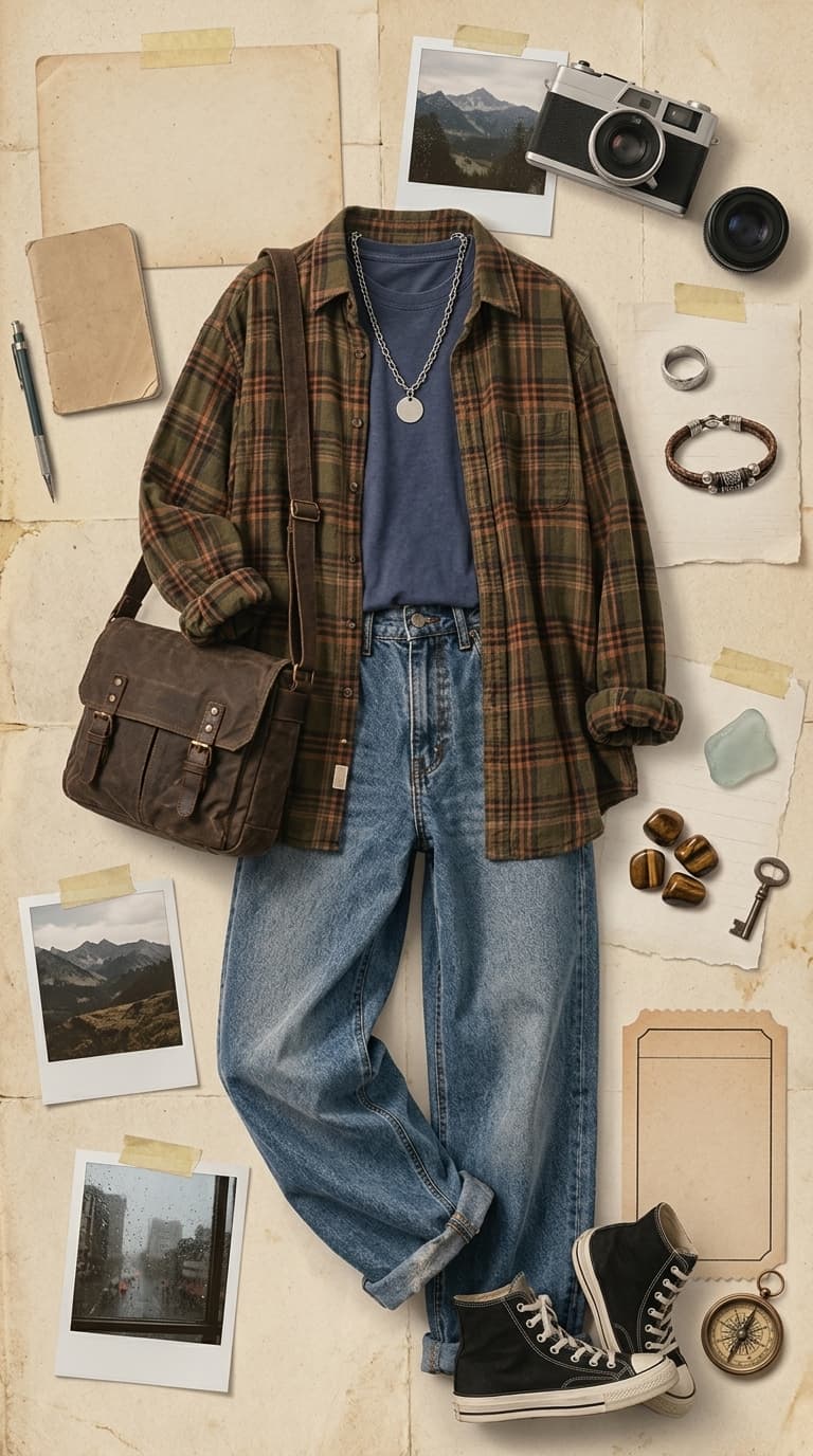 A flat lay of a men's outfit featuring a green and brown plaid flannel shirt layered over a navy t-shirt, light wash relaxed fit jeans, and black high-top sneakers.