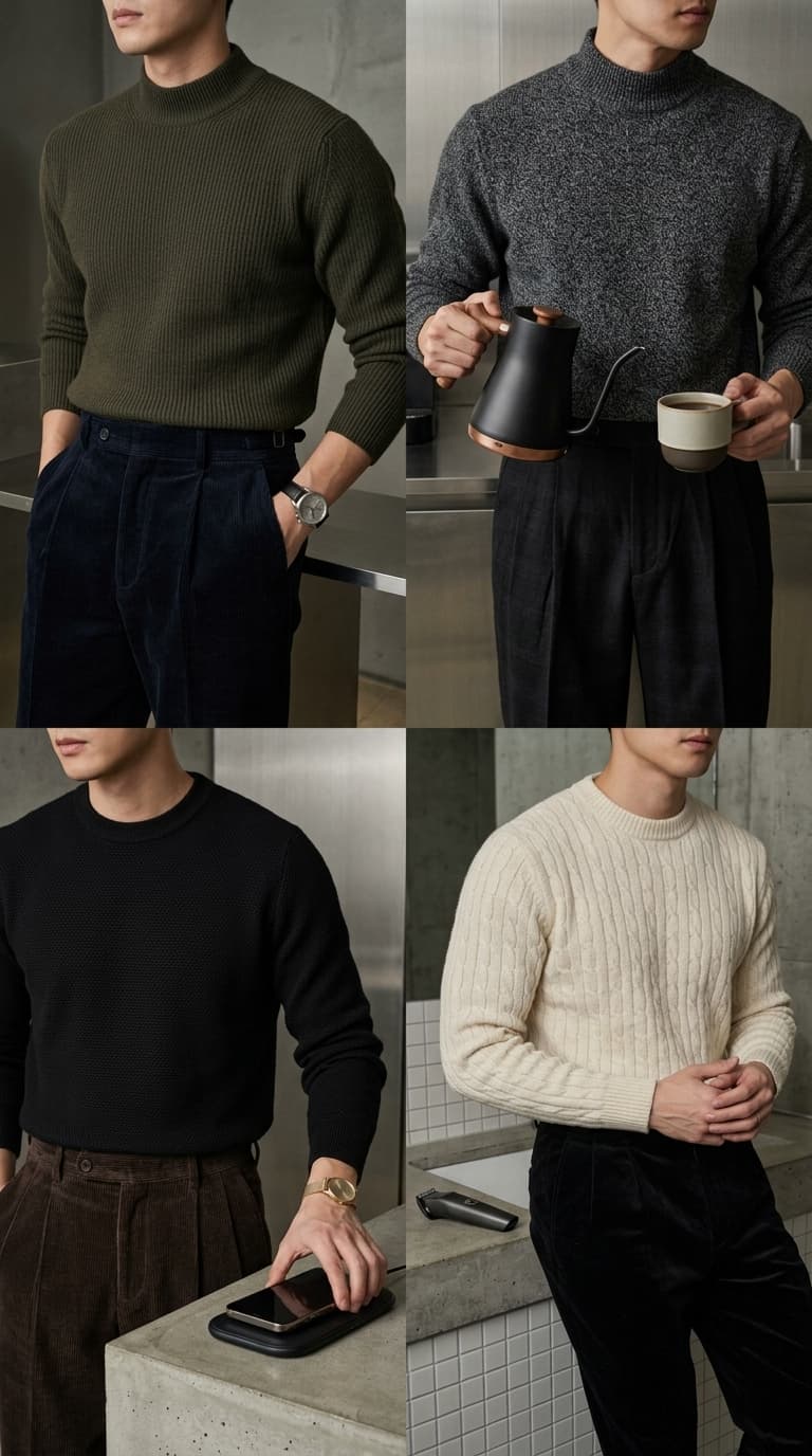 Four men in different mock neck sweater outfits, showcasing various textures and colors paired with trousers.