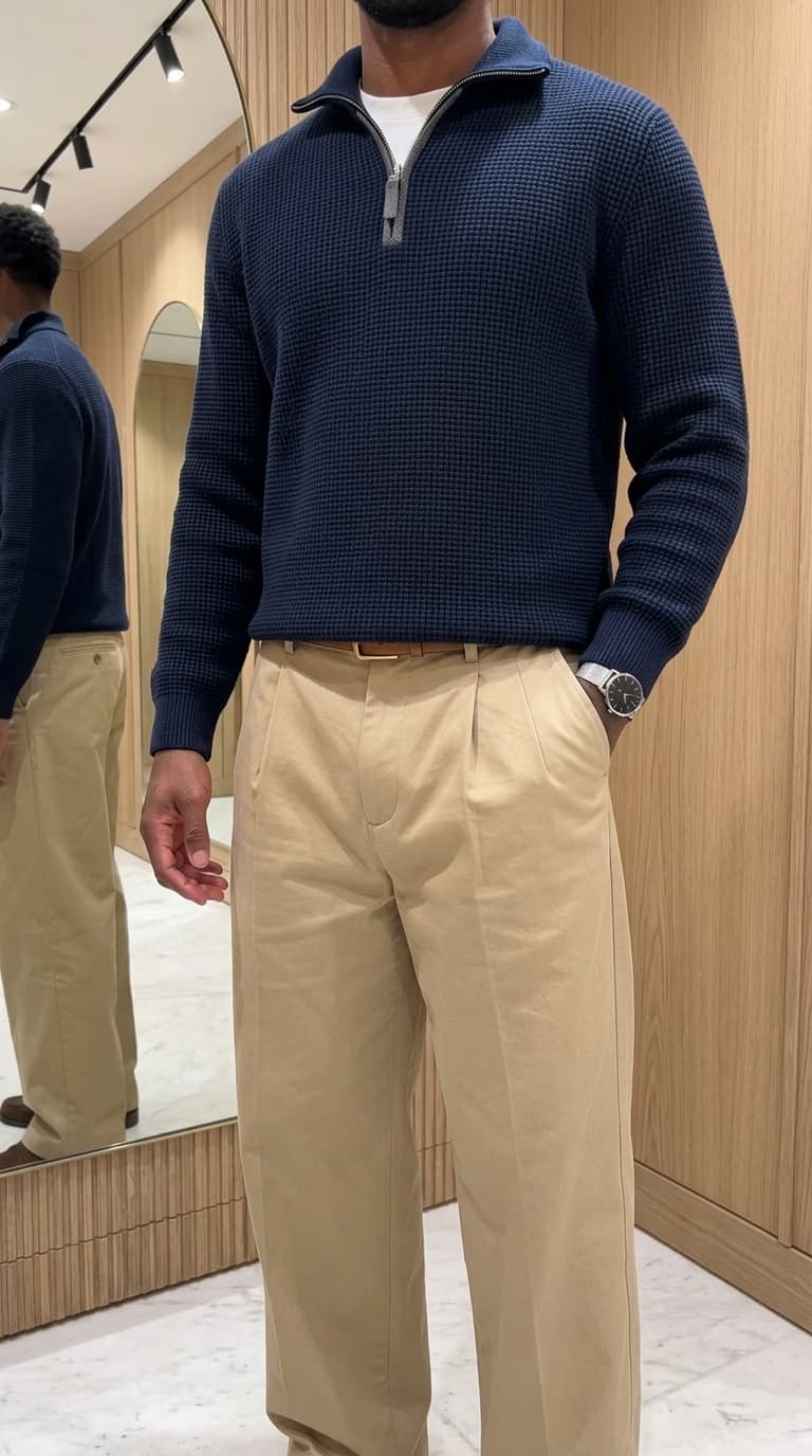 Man wearing a navy blue waffle-knit quarter-zip sweater over a white t-shirt, paired with tan pleated trousers and a brown belt.