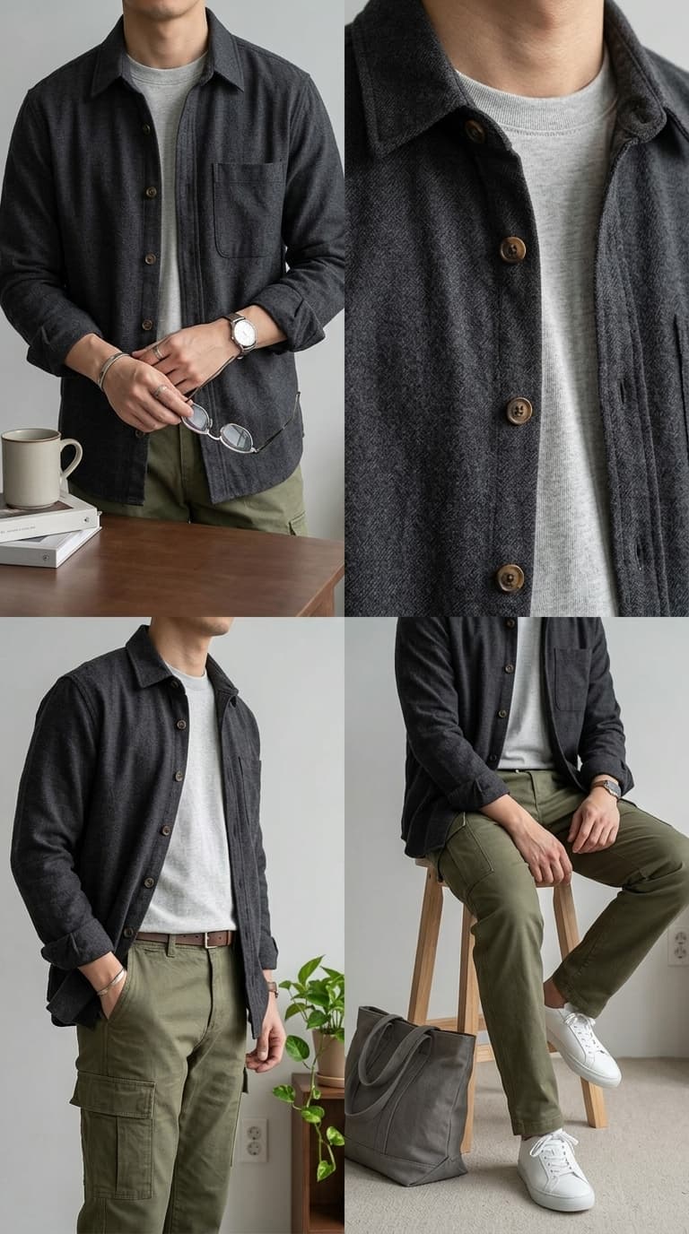 Man wearing a charcoal textured shirt jacket over a grey t-shirt, paired with olive cargo pants and white sneakers.