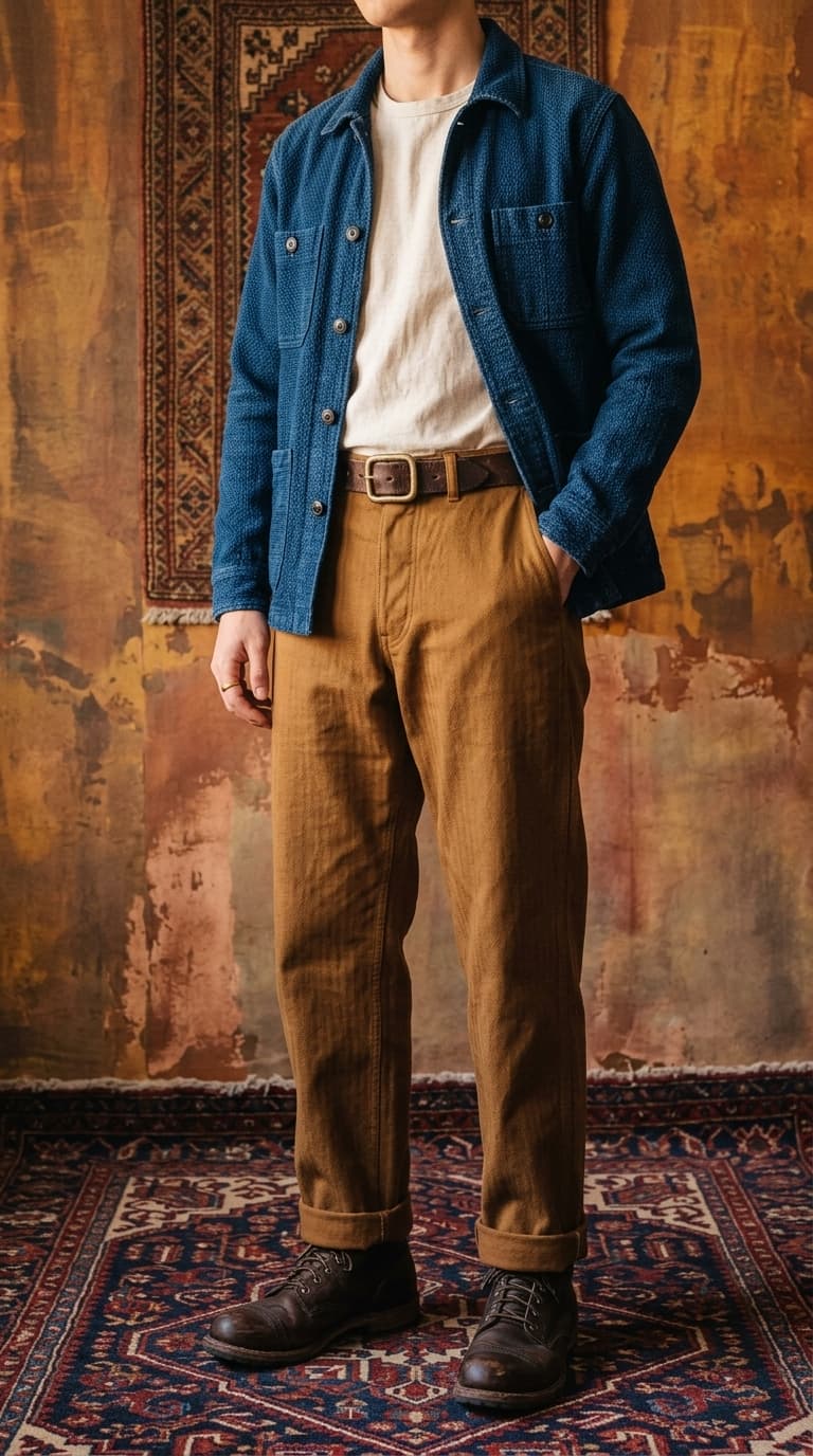 Man wearing a blue textured workwear jacket over a cream t-shirt, brown textured pants, a brown leather belt, and dark brown lace-up boots.