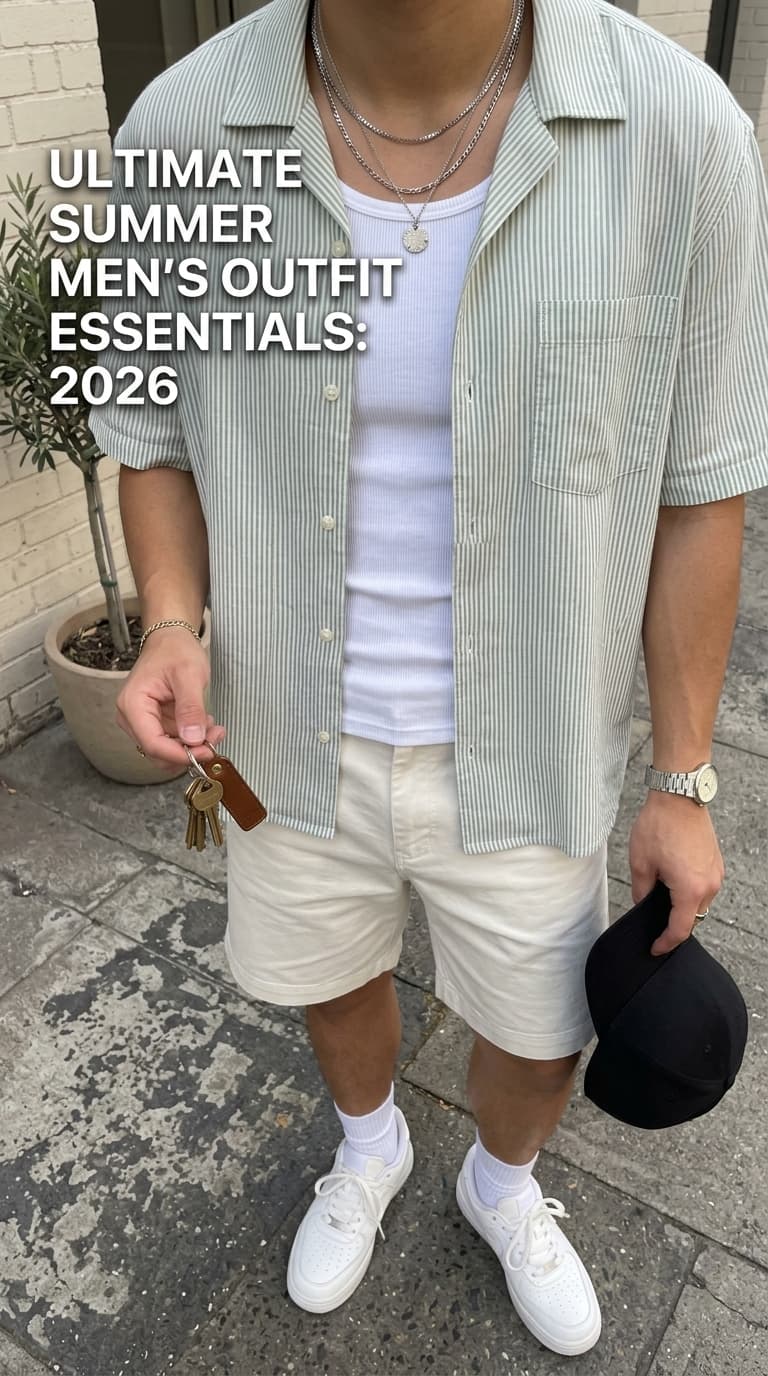 Man wearing a green and white striped short-sleeve camp shirt over a white tank top, paired with off-white shorts, white sneakers, and silver necklaces.