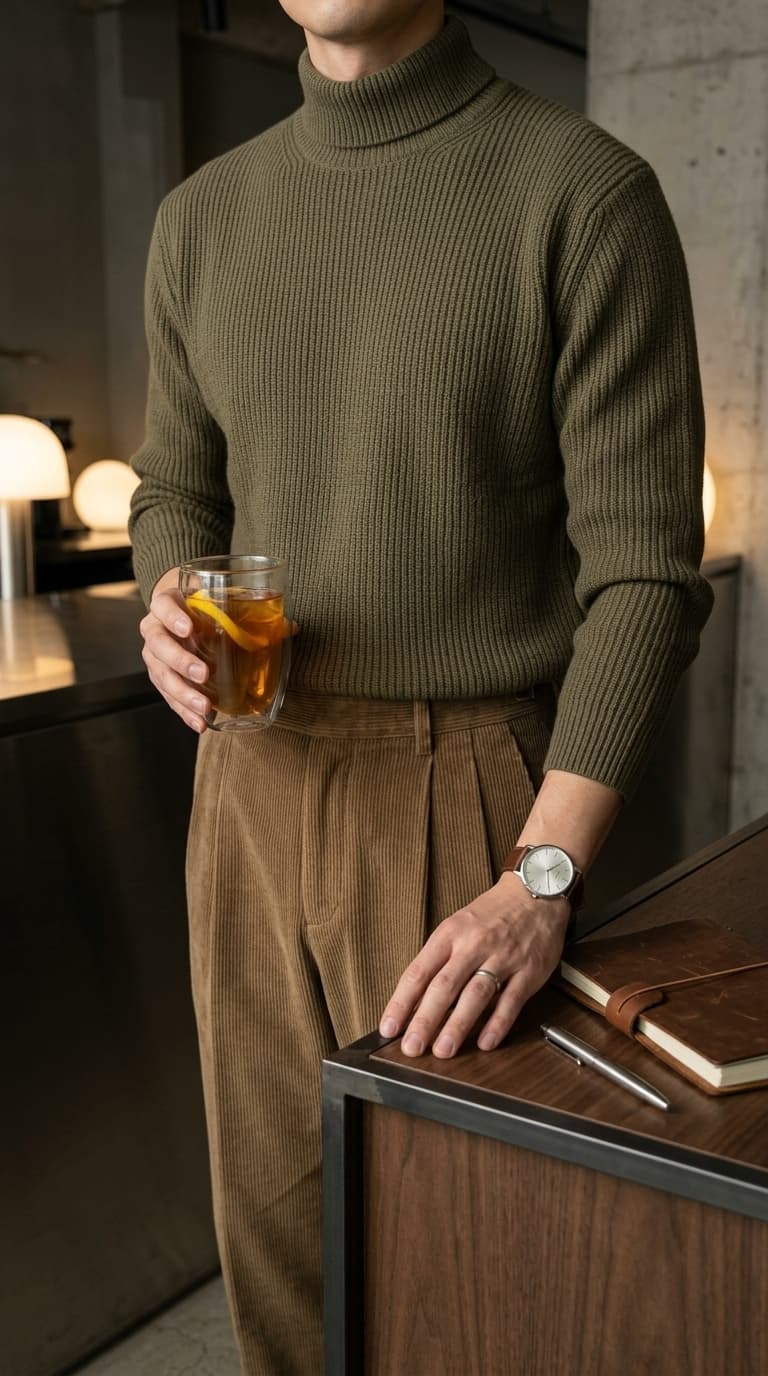 Man wearing a ribbed olive green turtleneck and brown corduroy pants, holding a glass of iced tea.