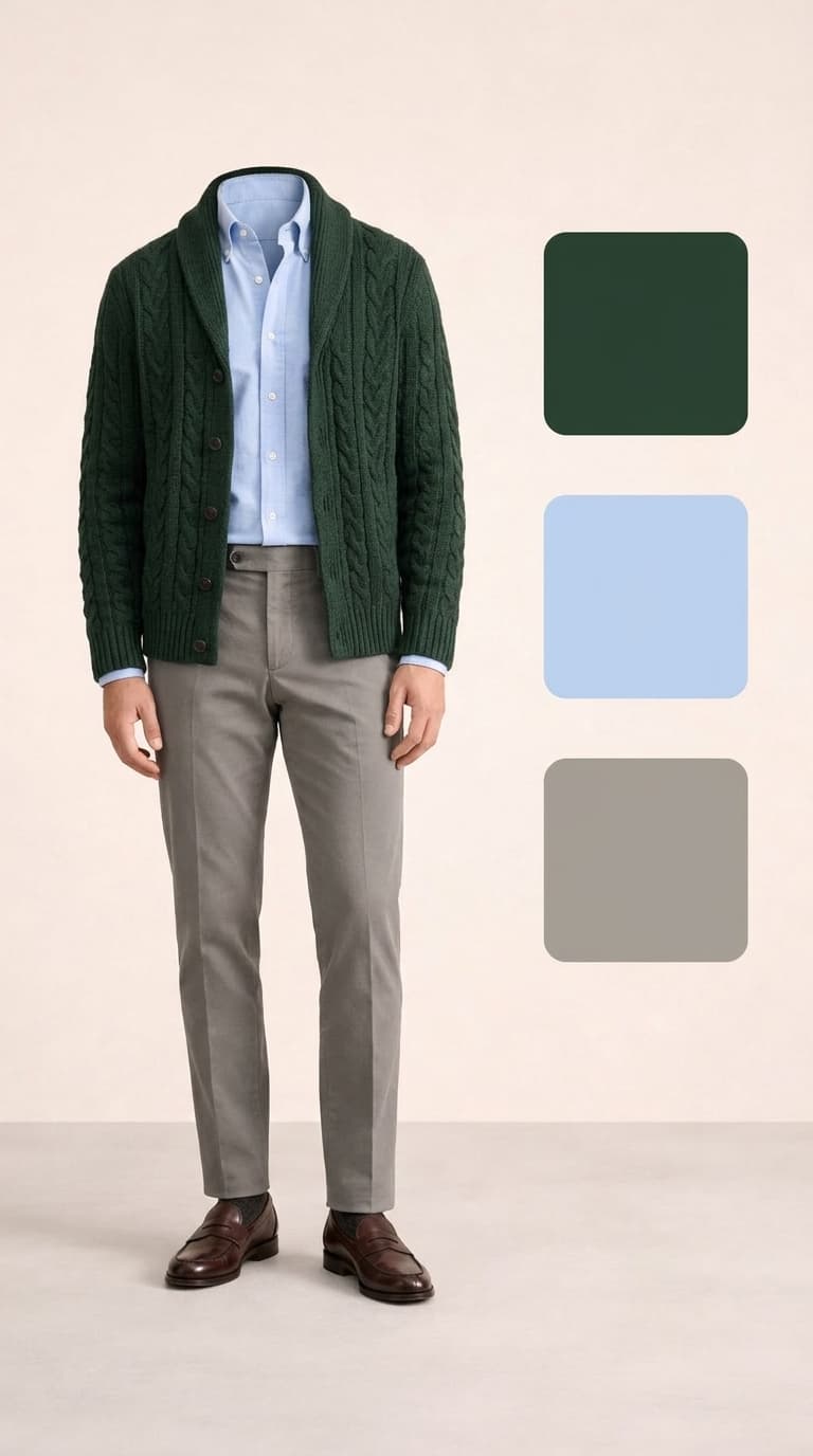 A man wearing a dark green cable knit cardigan over a light blue button-down shirt and grey trousers, paired with brown loafers.