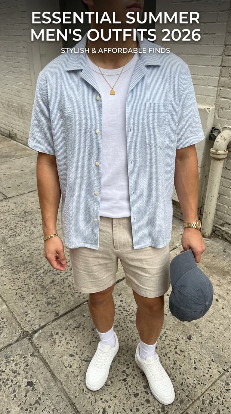 Man wearing a light blue striped short-sleeve seersucker shirt over a white t-shirt, paired with beige linen shorts, white socks, and white sneakers, holding a grey baseball cap.