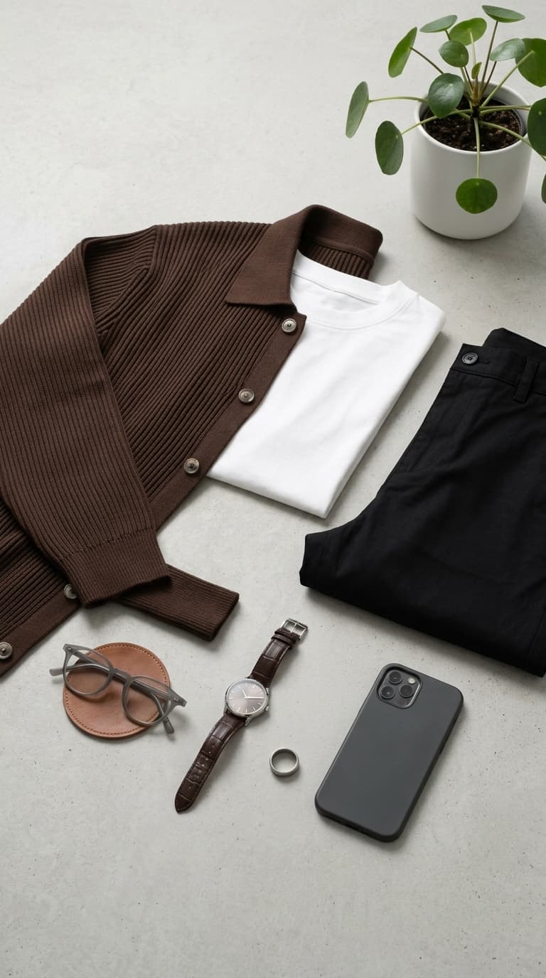 Flat lay of men's clothing and accessories including a brown ribbed cardigan, white t-shirt, black trousers, glasses, a watch, and a phone.